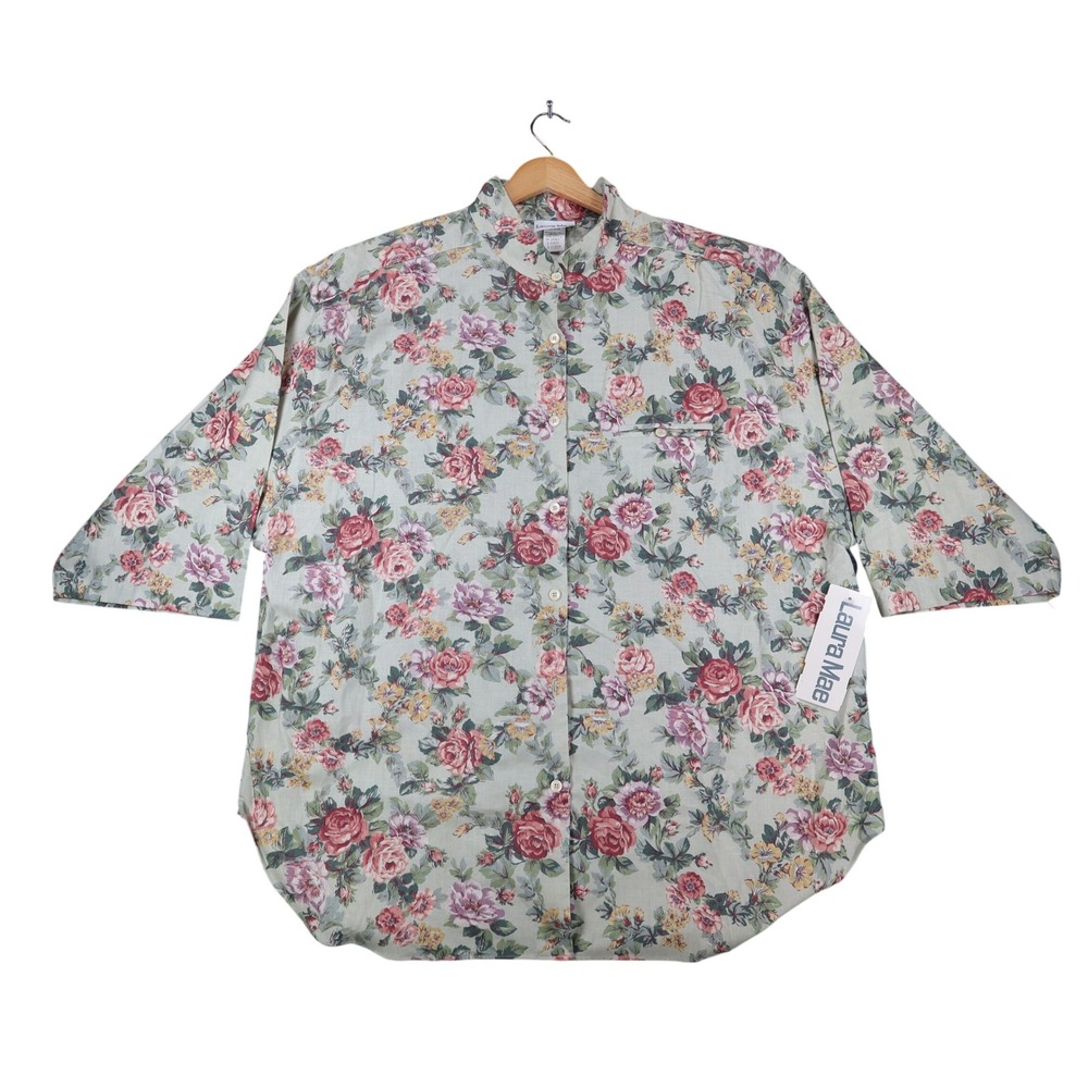 Laura Mae Floral Blouse Womens 20W Vintage 90s Cotton Sage Green Deadstock NWT